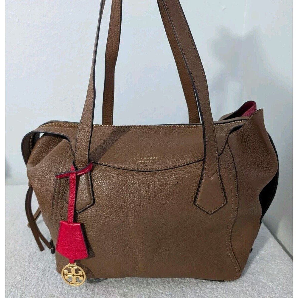 Tory Burch Perry Leather Satchel Bag Brown Moose w/ Red Interior